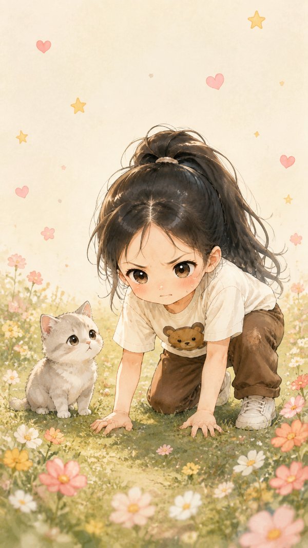 Q版治愈系插画，水彩厚涂质感，米白暖色调，浅米色背景，点缀粉色爱心和黄色星星，竖...