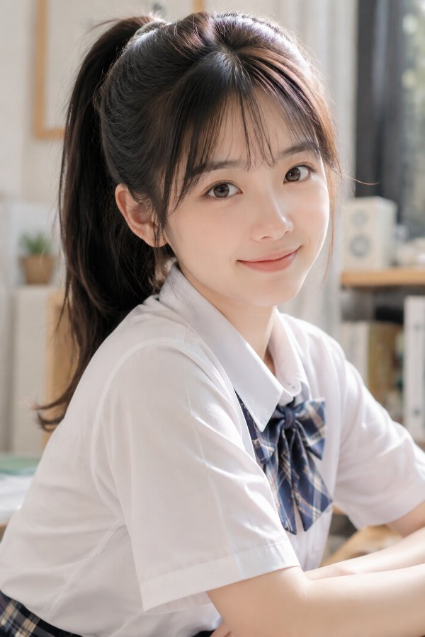 元气学妹
少女感东亚女生，圆润幼态五官，明亮杏眼，浅浅微笑，高马尾黑发，细碎空气...