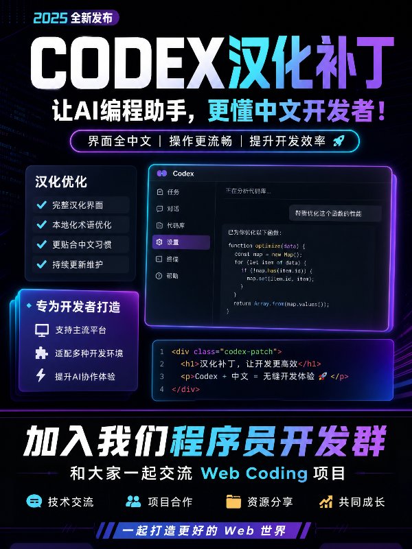 codex汉化补丁，宣传海报，用作抖音首图做宣传用，加入我们程序员开发群，和大家...