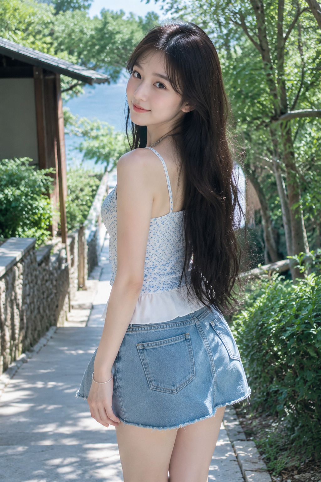 此为一张清新写实风格的照片，一位长发及腰，可爱女生。夏天，完美地展现出了女生的整...