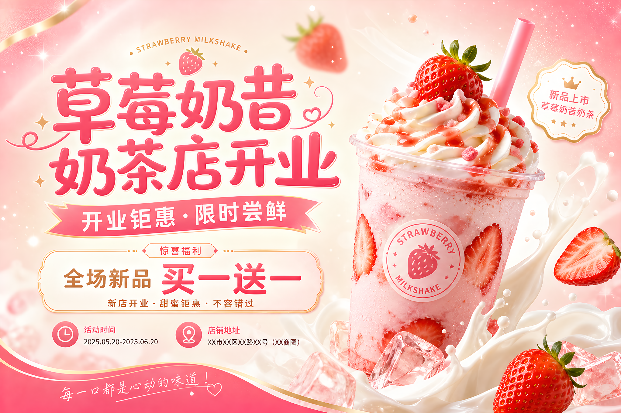 草莓奶昔奶茶店开业！买一送一限时优惠