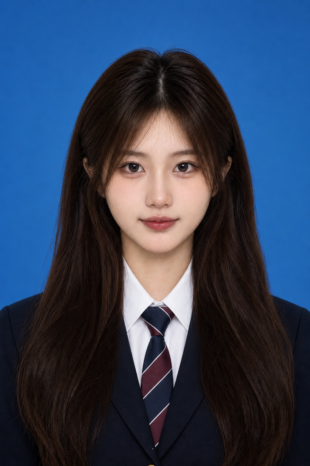 校园制服女生证件照：蓝色背景下的清新写真