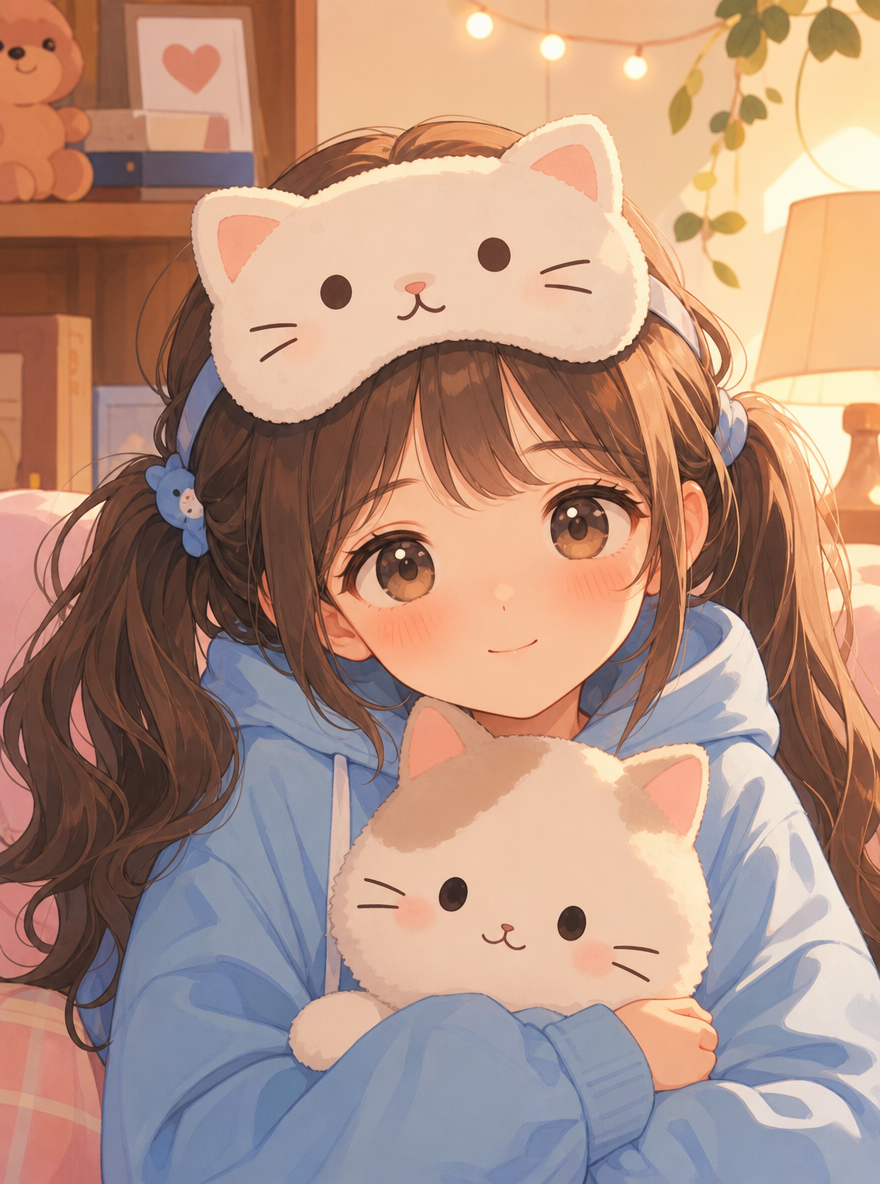 可爱动漫女孩怀抱猫咪玩偶，温暖治愈系插画