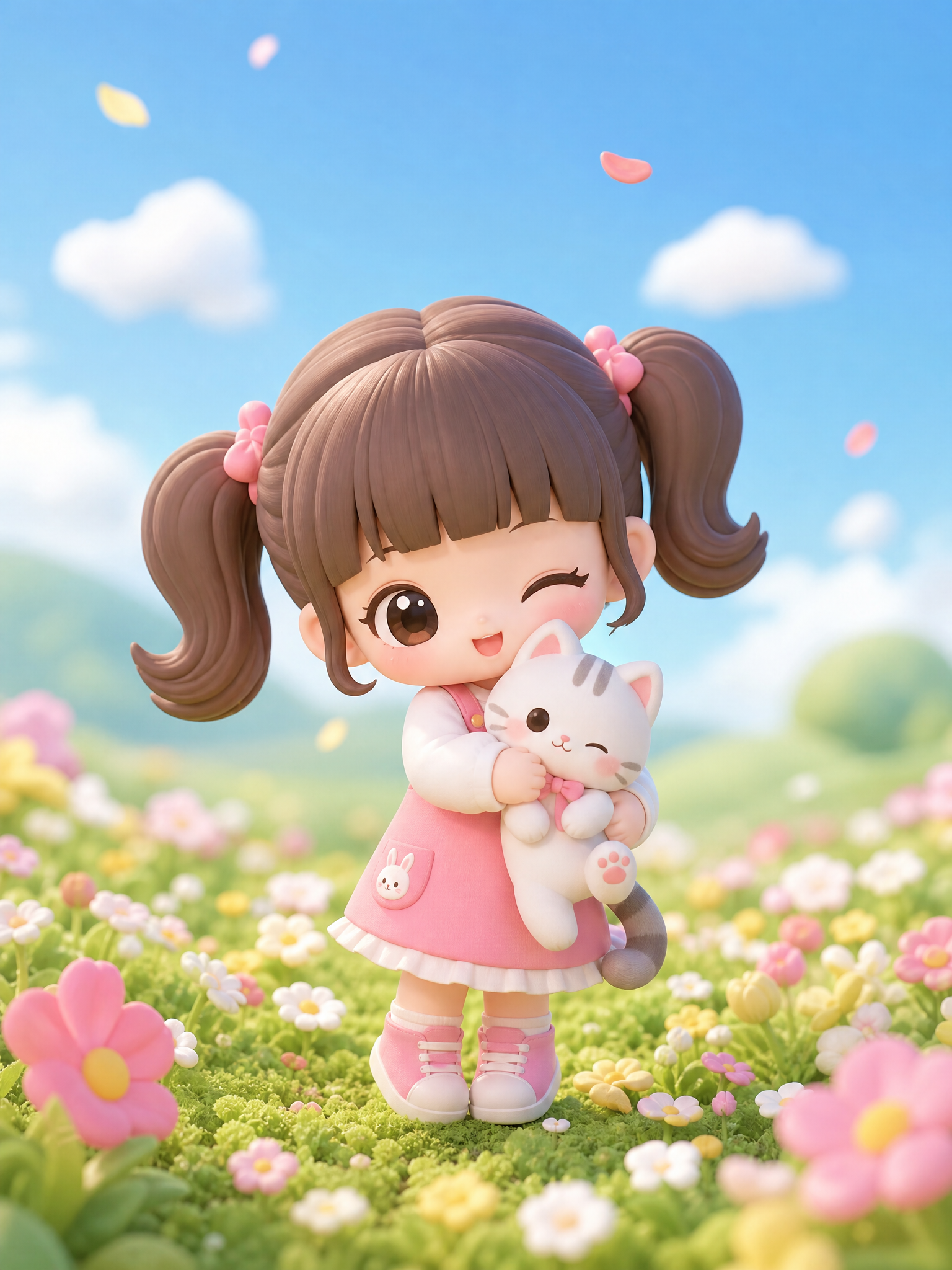 Q版可爱小女孩抱猫玩偶，粉色系梦幻场景壁纸