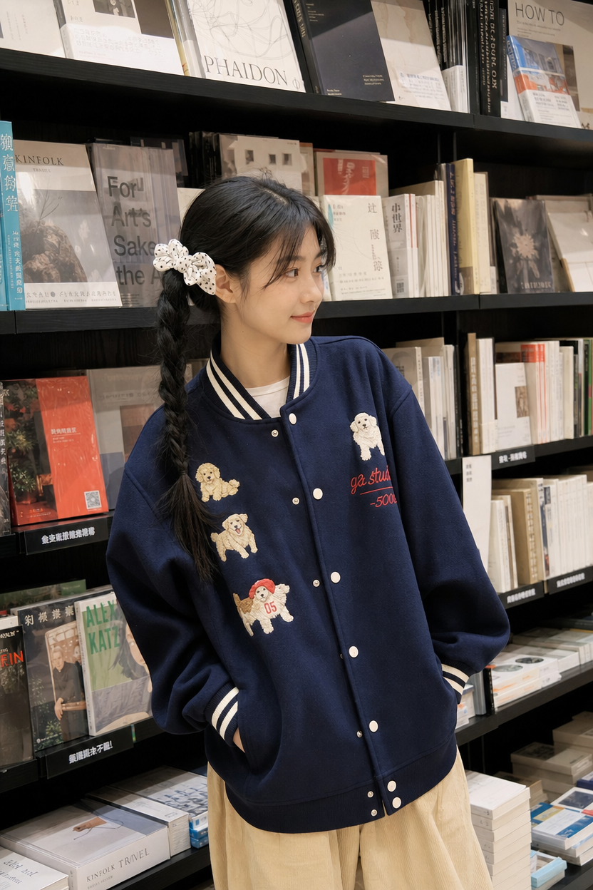 可爱小狗刺绣棒球服｜文艺风穿搭分享