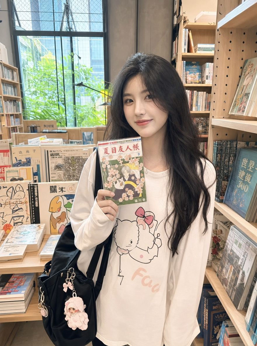书店女孩手捧《夏目友人帐》，清新文艺风穿搭分享