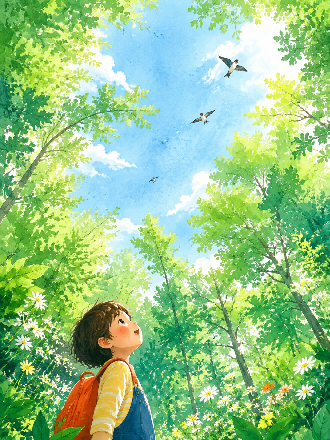 春天森林里的童真瞬间：治愈系插画欣赏