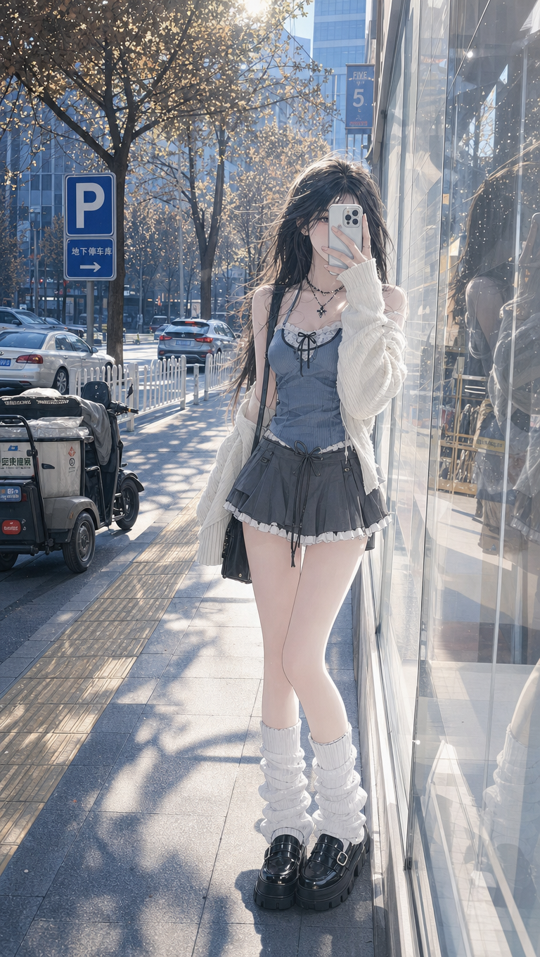 日系甜美风女生街拍：秋日阳光下的清新自拍照