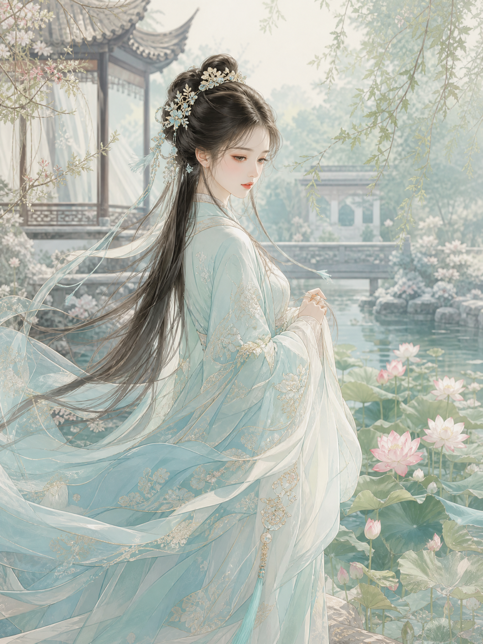 古风少女淡青汉服，江南园林荷花池畔唯美插画
