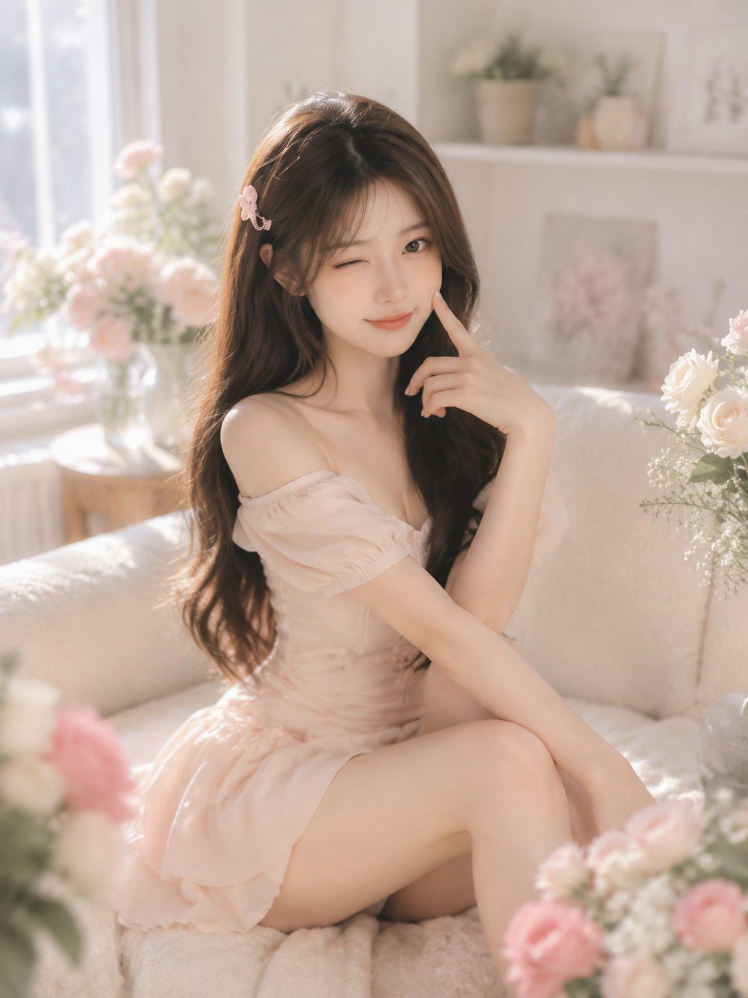 甜美少女粉色连衣裙写真，窗边花丛中的温柔时光