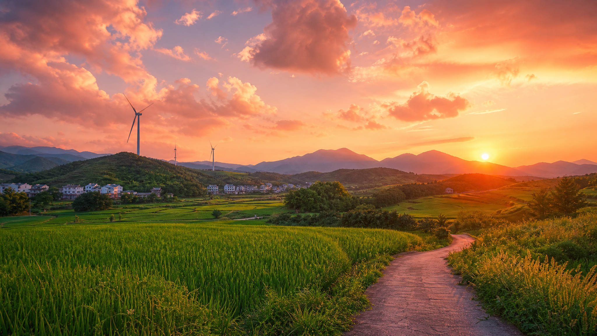 夏日乡村黄昏：稻田与风车的治愈风景