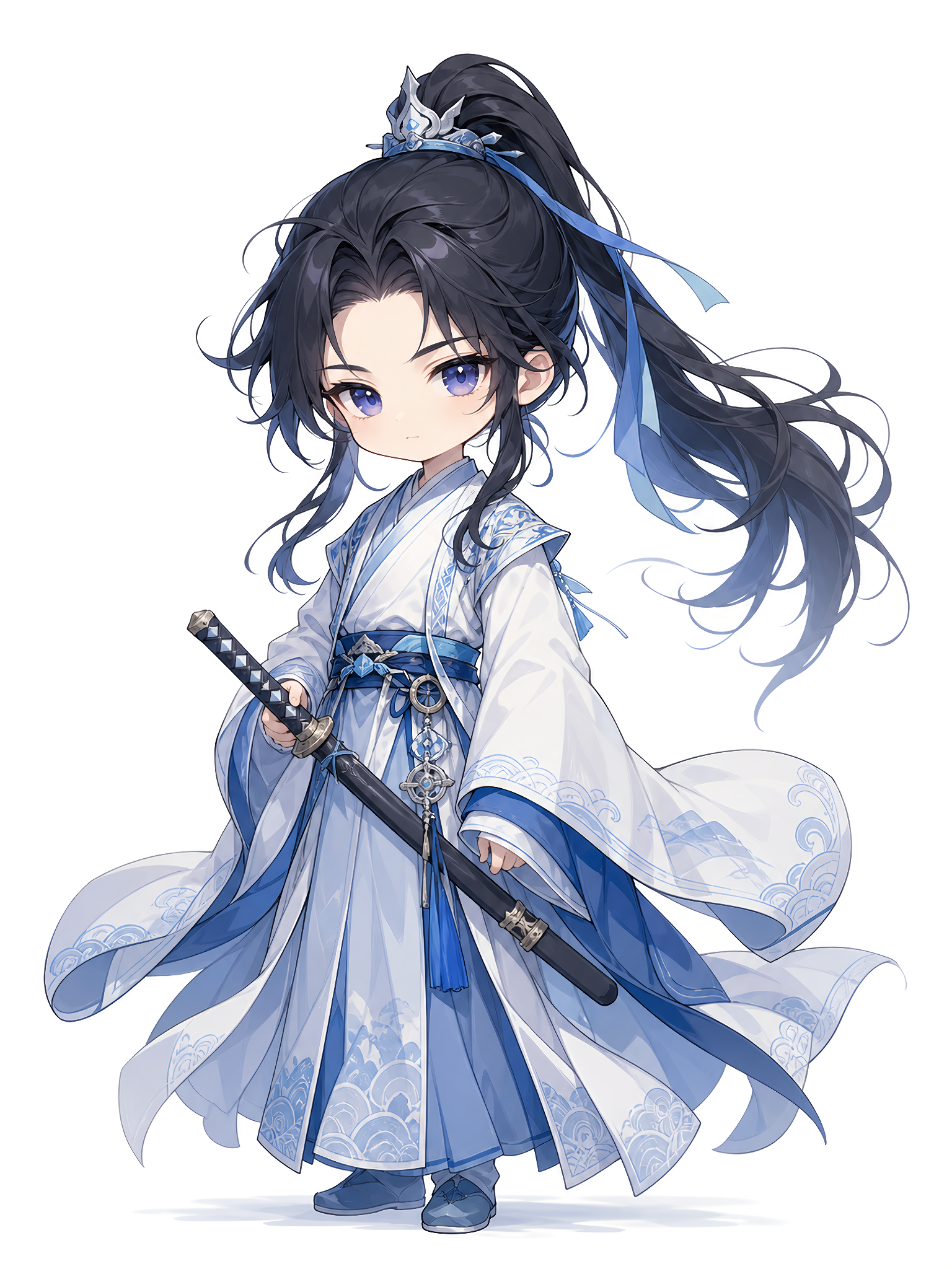 古风Q版少女手持武士刀，蓝白长袍超仙美