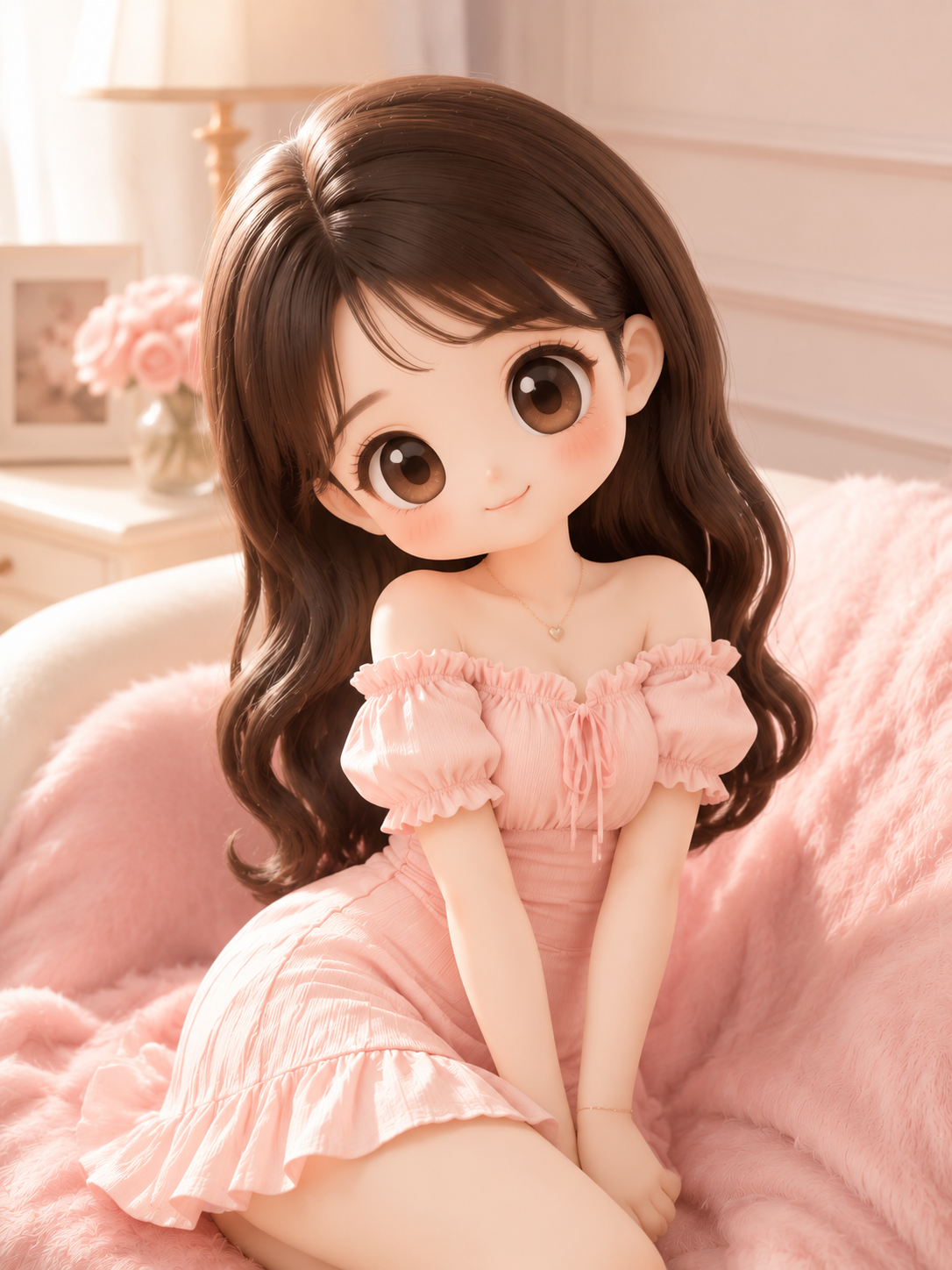 可爱粉色玩偶特写：Q版萌系女孩壁纸