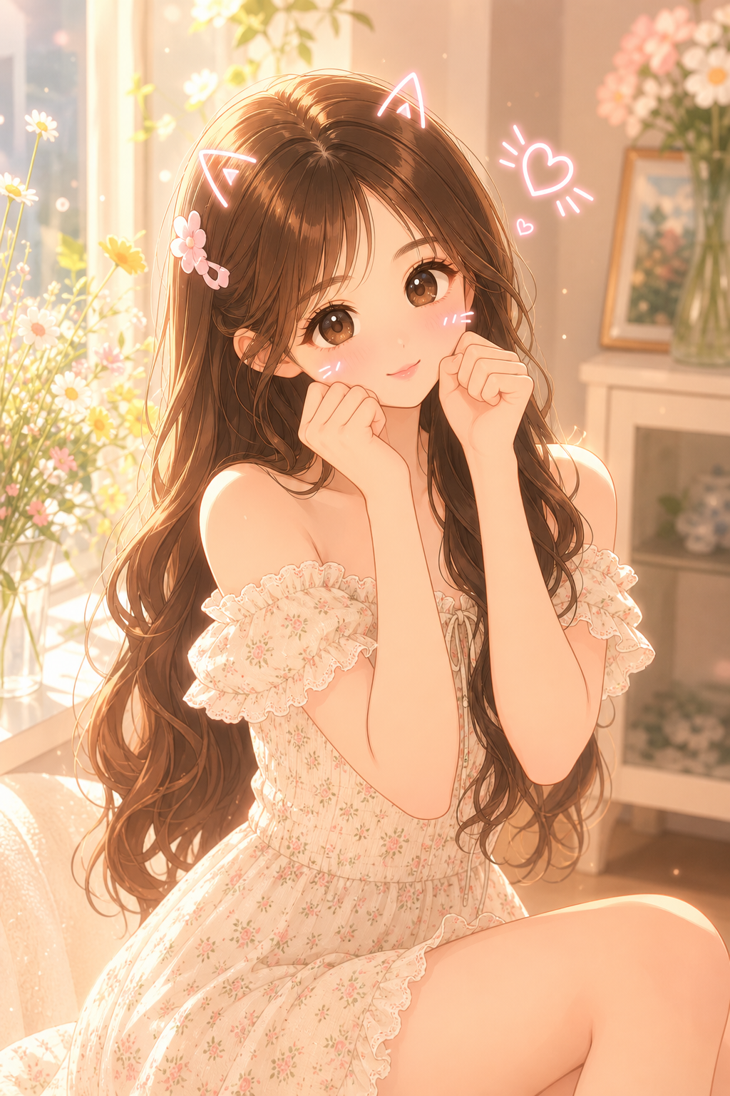 可爱动漫女孩壁纸：暖光下的甜美时光