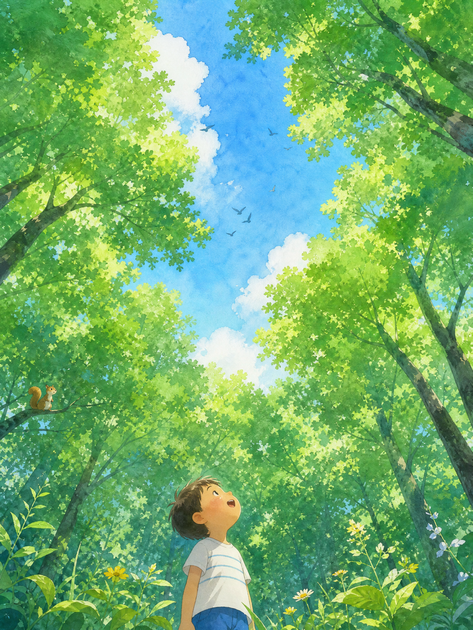 夏日森林儿童插画：仰望天空的治愈瞬间