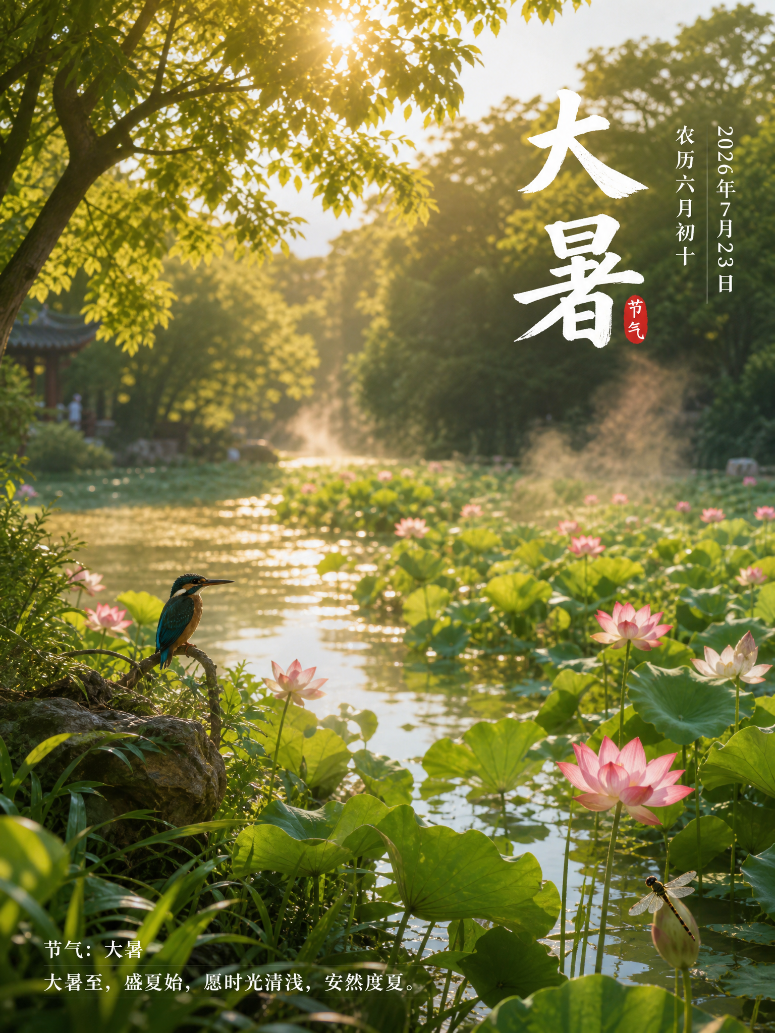 大暑节气海报：荷塘翠鸟，夏日清凉美景