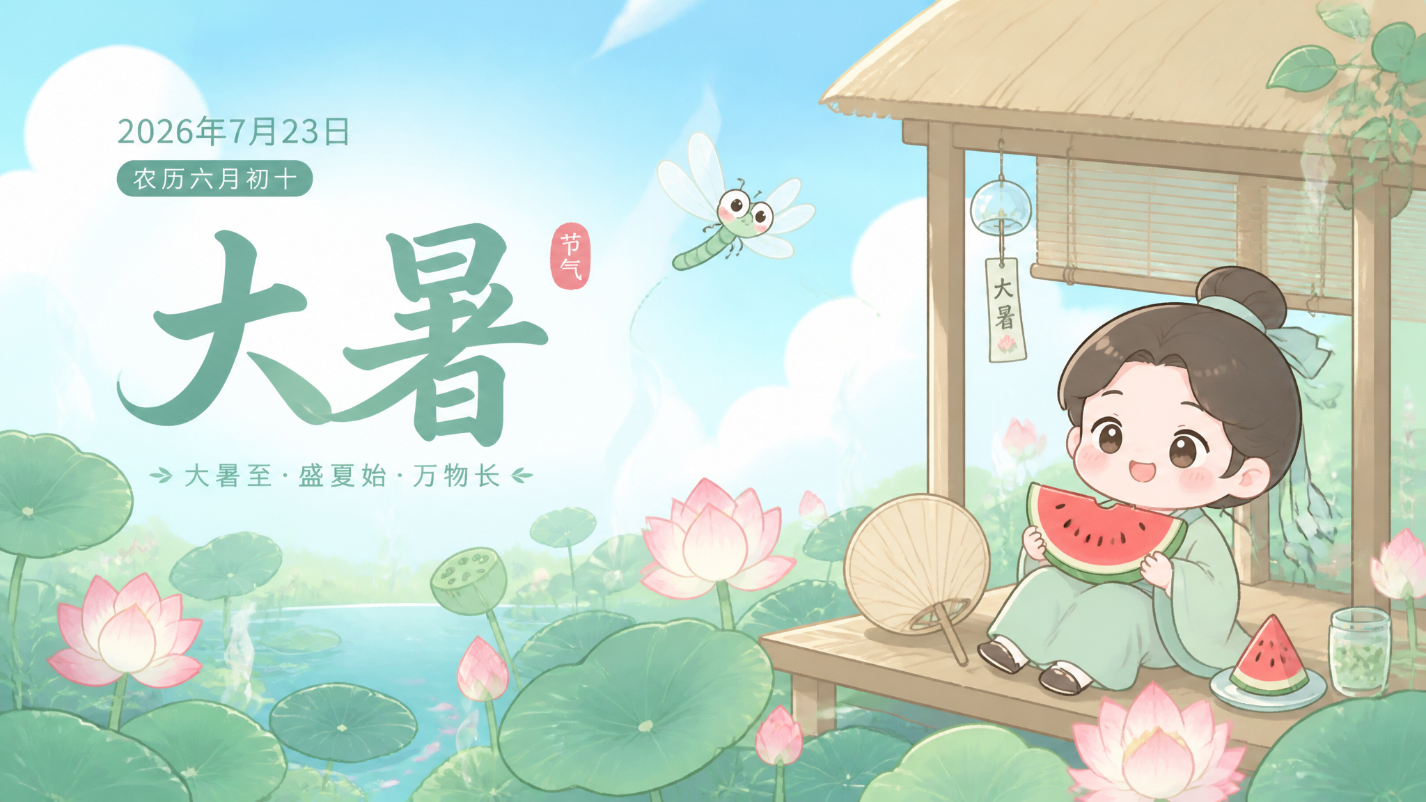 2026年大暑节气插画：夏日清凉，古风女孩吃西瓜