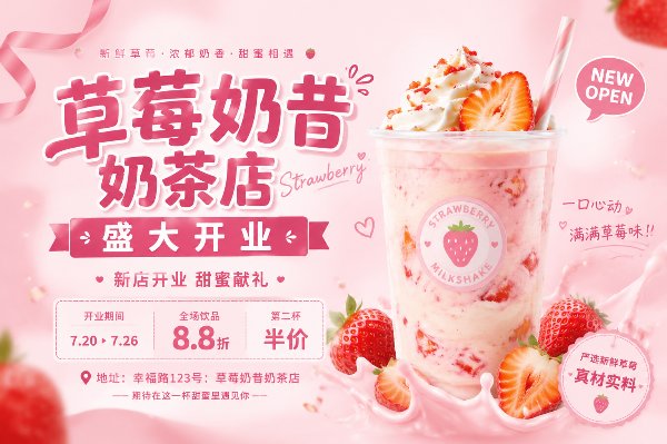 草莓奶昔奶茶店开业海报设计，背景粉色，奶茶颜色淡一点