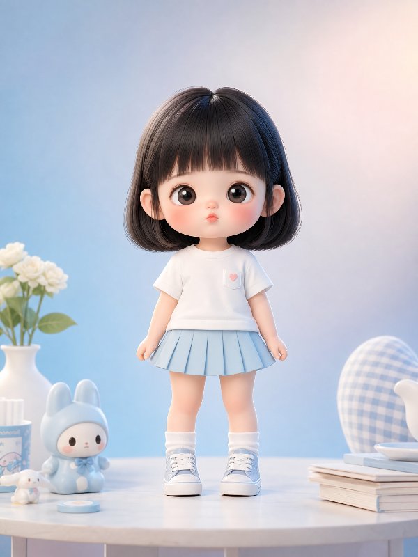 一个可爱的Q版3D卡通小女孩，齐刘海黑色短发，穿着白色短袖，眼神清亮无辜，微微嘟...