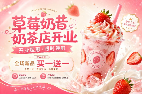 草莓奶昔奶茶店开业海报设计
