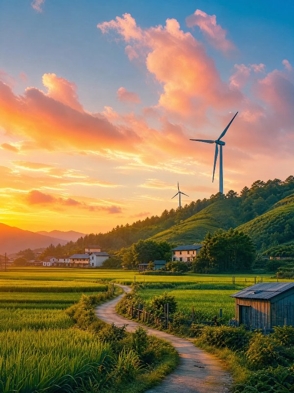 夏日乡村田园，绿色稻田延伸到远方，白色风车矗立在山坡，傍晚橘粉色晚霞，云朵蓬松柔...