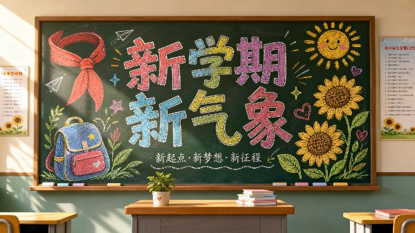 开学典礼的黑板报上，彩色粉笔画着大大的“新学期新气象”，旁边点缀着红领巾、小书包...