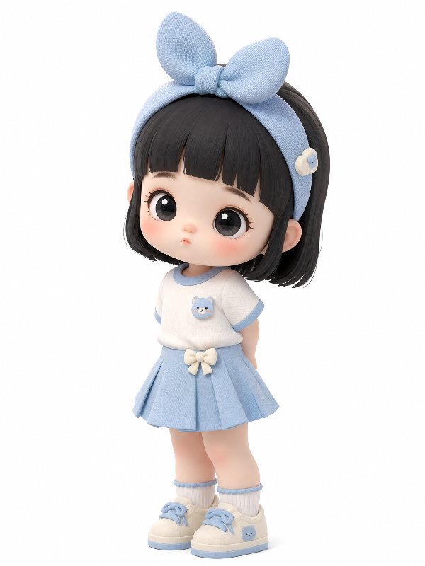 一个可爱的Q版3D卡通小女孩，齐刘海黑色短发，穿着白色短袖，眼神清亮无辜，微微嘟...