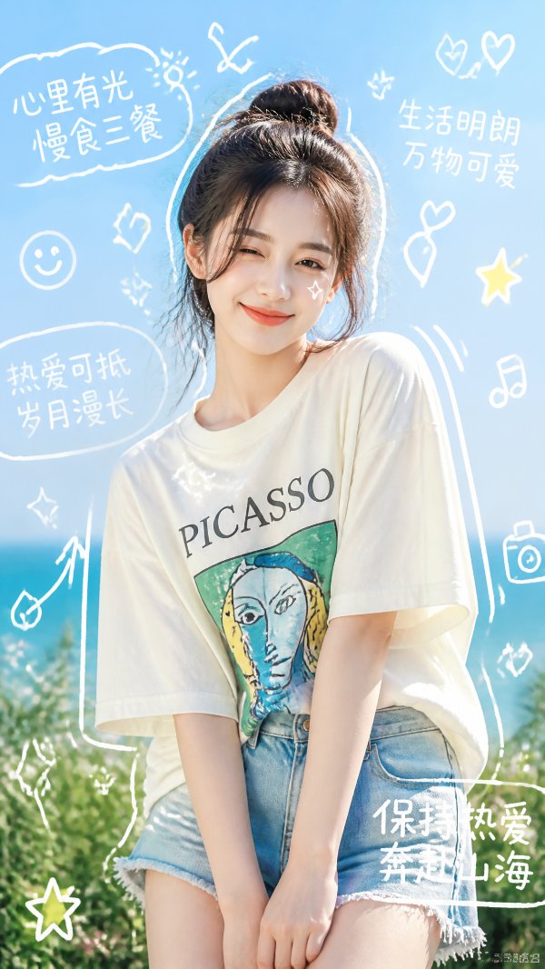 明亮的自然阳光，柔和的发光肌肤，自然快乐的表情，潮流休闲时尚，oversize复...