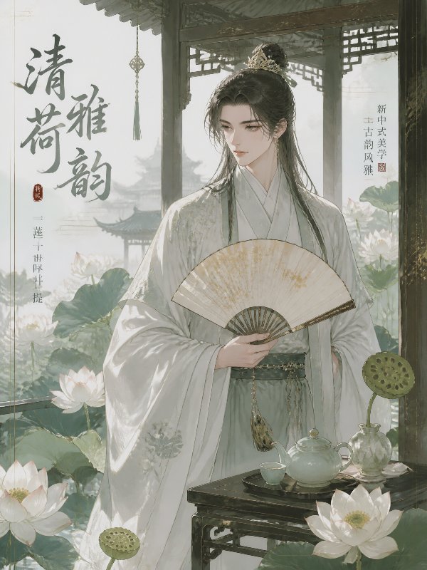 古风公子站在凉亭前，手执洒金扇，身旁摆放莲蓬与清茶，荷花环绕，新中式美学，细腻插...