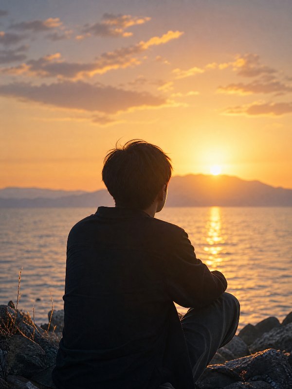一个男生背对着坐在那里，看着大海，夕阳照在脸上，背影有点孤独和悲伤