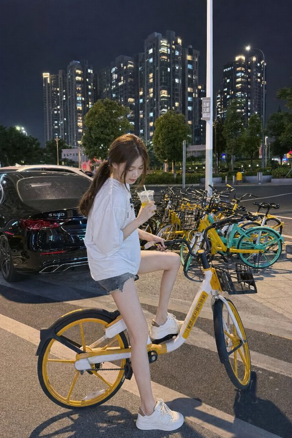 夜晚城市街道旁，19岁年轻女性骑在共享单车上，单脚点地，白色宽松T恤，棕色低马尾...