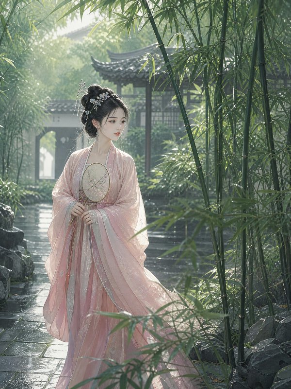 宋制汉服少女，烟粉色襦裙，银质发簪挽发，手持团扇，漫步雨后江南园林，竹叶青翠，石...