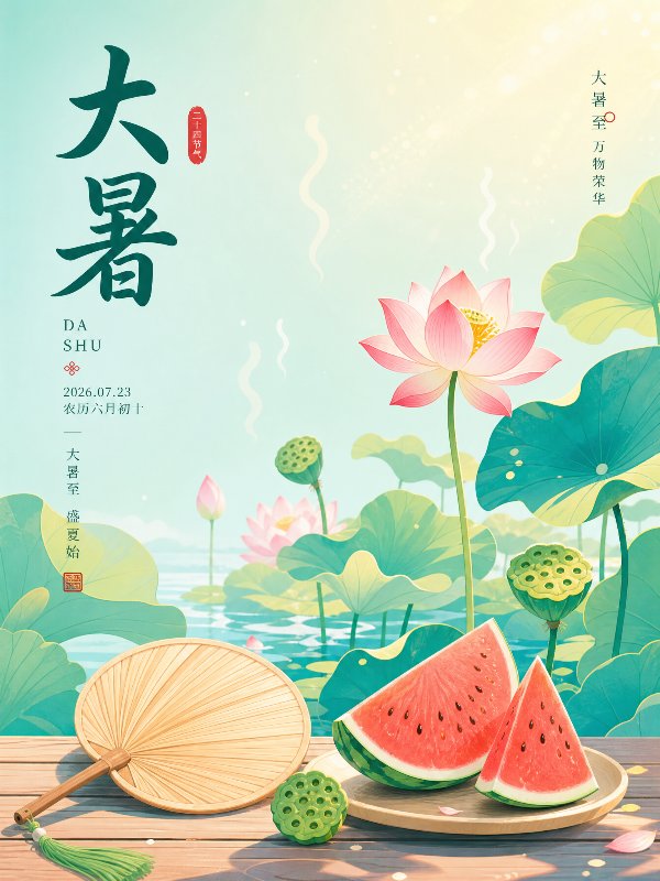 2026年7月23日，农历六月初十
扁平国风插画，二十四节气大暑，夏日荷塘，荷花...