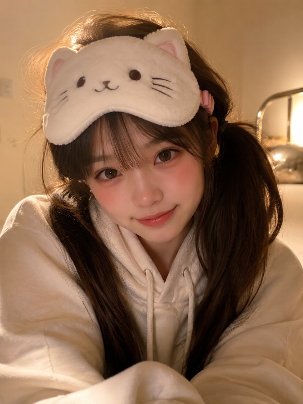 棕色长发扎成双马尾的女孩，头戴猫咪造型眼罩，身穿宽松连帽衫，脸颊泛着淡淡的红晕，...