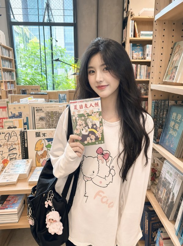 一位长发女生穿着带卡通图案的白色长袖上衣，背着黑色带萌趣挂饰的大容量包包；在充满...