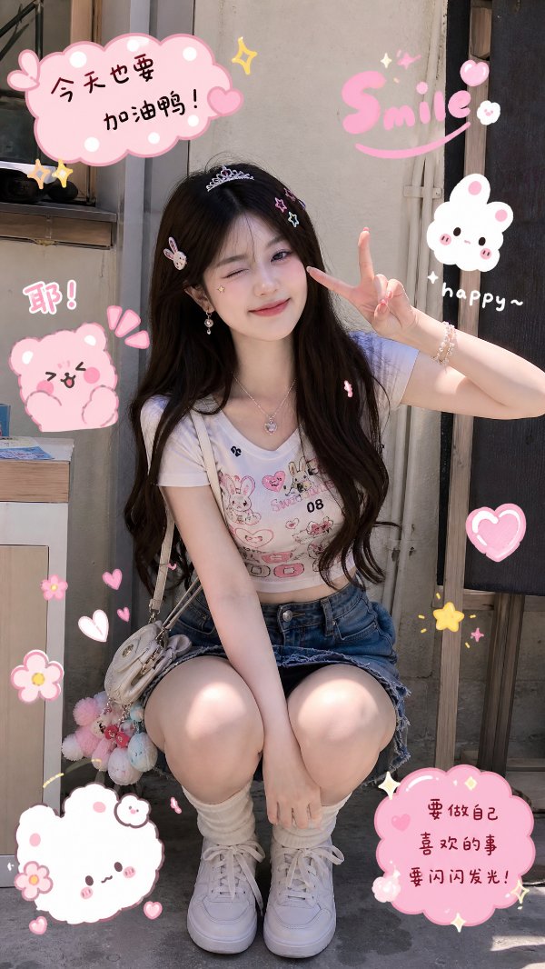 竖屏壁纸，一个现实生活中的长发女孩，穿着白色夏天短款上衣和牛仔短裙，白袜子，上衣...