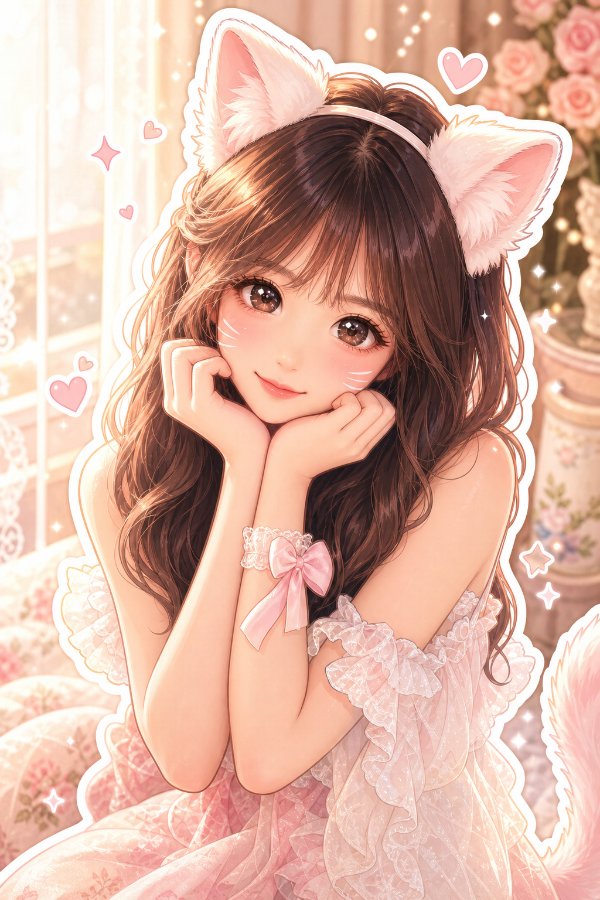 可爱猫耳少女动漫插画 | 粉色系治愈系壁纸