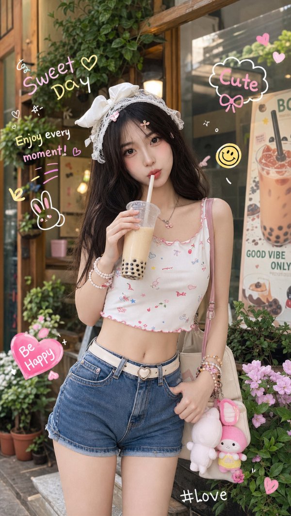 竖屏壁纸，一个现实生活中的长发女孩，穿着白色夏天短款上衣和牛仔短裤，上衣有各种图...
