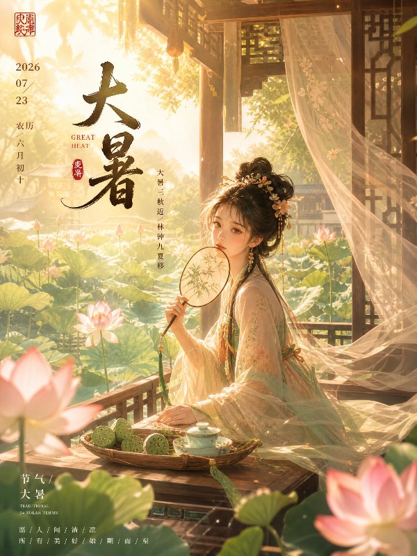 2026年7月23日，农历六月初十，节气：大暑
古风少女坐在荷塘凉亭，大暑盛夏，...