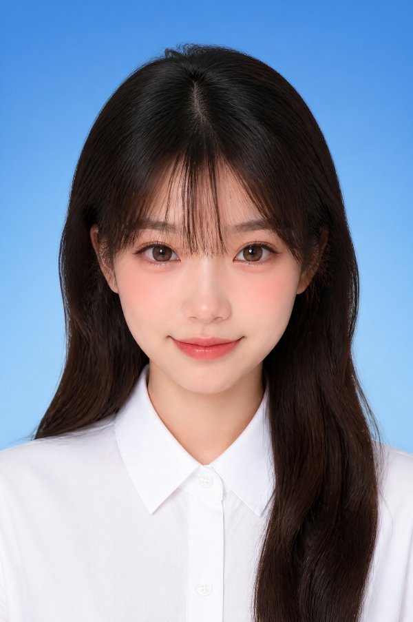 蓝色底的标准证件照，正面免冠，表情自然，智能补光，超清美颜，细腻肤质，自然磨皮，...