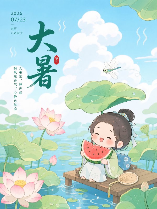 2026年7月23日，农历六月初十
Q 版卡通大暑节气插画，圆圆的荷叶荷花，卡通...