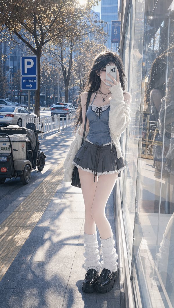 日系二次元平涂风格，纤细的女生穿着白色堆堆袜和厚底鞋，衣服细节与项链保持不变，正...