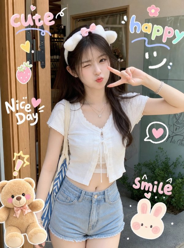 竖屏壁纸，一个现实生活中的长发女孩，穿着白色夏天短款上衣和牛仔短裤，佩戴着首饰、...