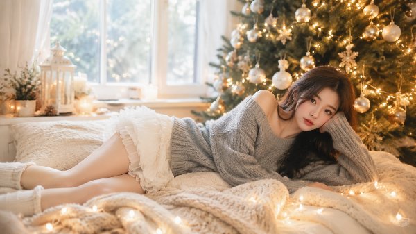 一位长发女子身穿灰色毛衣和白色蓬松短裙，躺在柔软的针织毯上，姿态优雅。背景是明亮...
