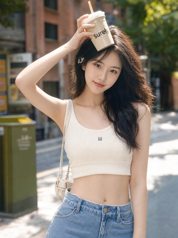 夏日街头甜美女孩写真，头顶饮品杯摆拍姿势