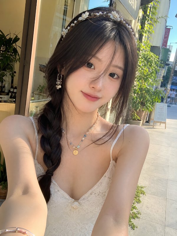 手机拍摄效果，一个现实生活中的女孩，夏天，佩戴着首饰、装饰和头饰，摆出自拍姿势