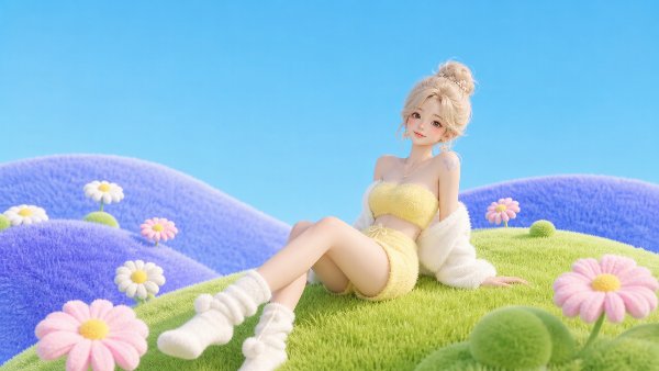 极简可爱3D壁纸，大片纯净淡蓝天空下重叠的蓝紫色绒面山丘与荧光草绿色毛绒坡地，甜...
