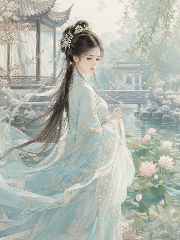 古风少女，淡青色汉服，长发簪玉簪，站在江南园林荷花池边，微风拂动裙摆，国潮工笔插...