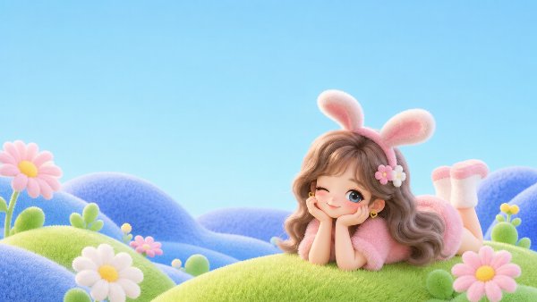 极简可爱3D壁纸，大片纯净淡蓝天空下重叠的蓝紫色绒面山丘与荧光草绿色毛绒坡地，甜...