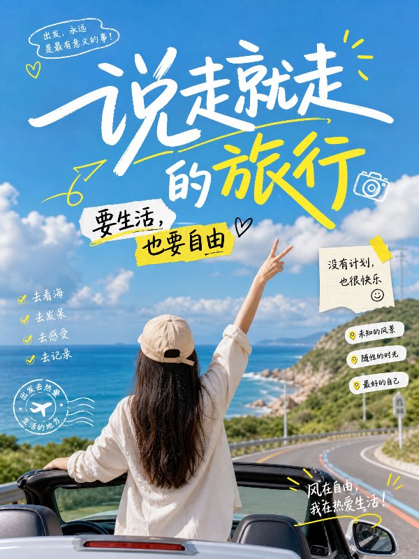 小红书封面设计，说走就走的旅行，要生活，也要自由